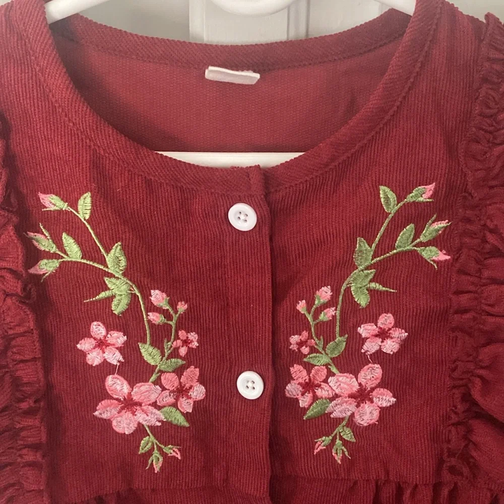 Burgundy Toddler corduroy embroidered floral Dress